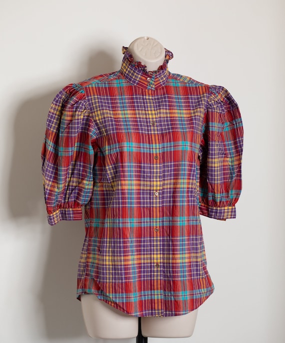 70s 80s Women's Colorful Plaid Top - image 1