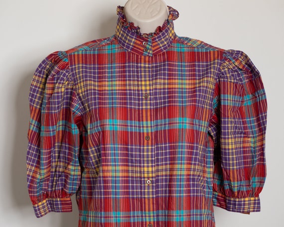 70s 80s Women's Colorful Plaid Top - image 3