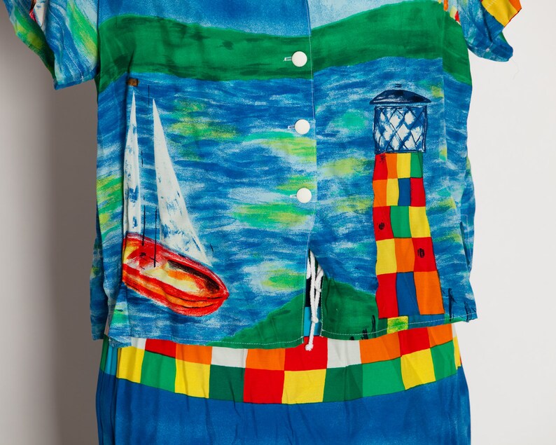 Vintage 80s 90s Ocean Lighthouse Themed Two Piece Blouse and Skirt BREEZE By Dorothy Shoelen M