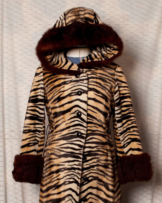 Faux Fur Full Length Tiger Coat with Hood Safari