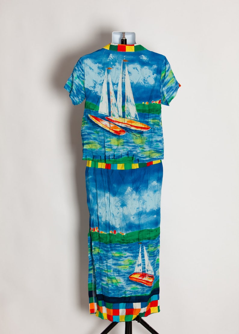 Vintage 80s 90s Ocean Lighthouse Themed Two Piece Blouse and Skirt BREEZE By Dorothy Shoelen M