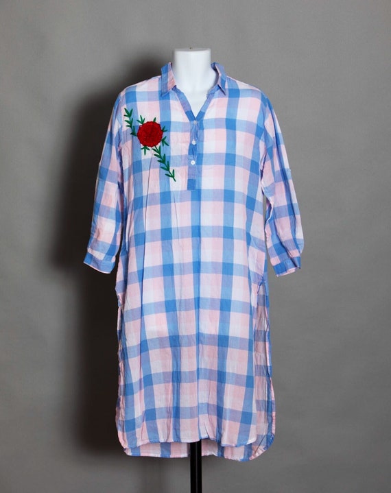 Vintage 70s 80s Long Shirt Nightgown blue pink Pl… - image 1