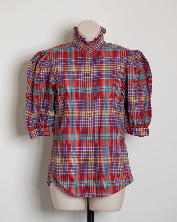 70s 80s Women's Colorful Plaid Top - image 2