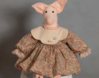 80s 90s Handmade Fabric Pig in Dress