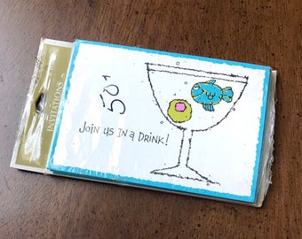 Vintage 80s party invitations - Join Us In A Drink - fish - 8 invites and envelopes