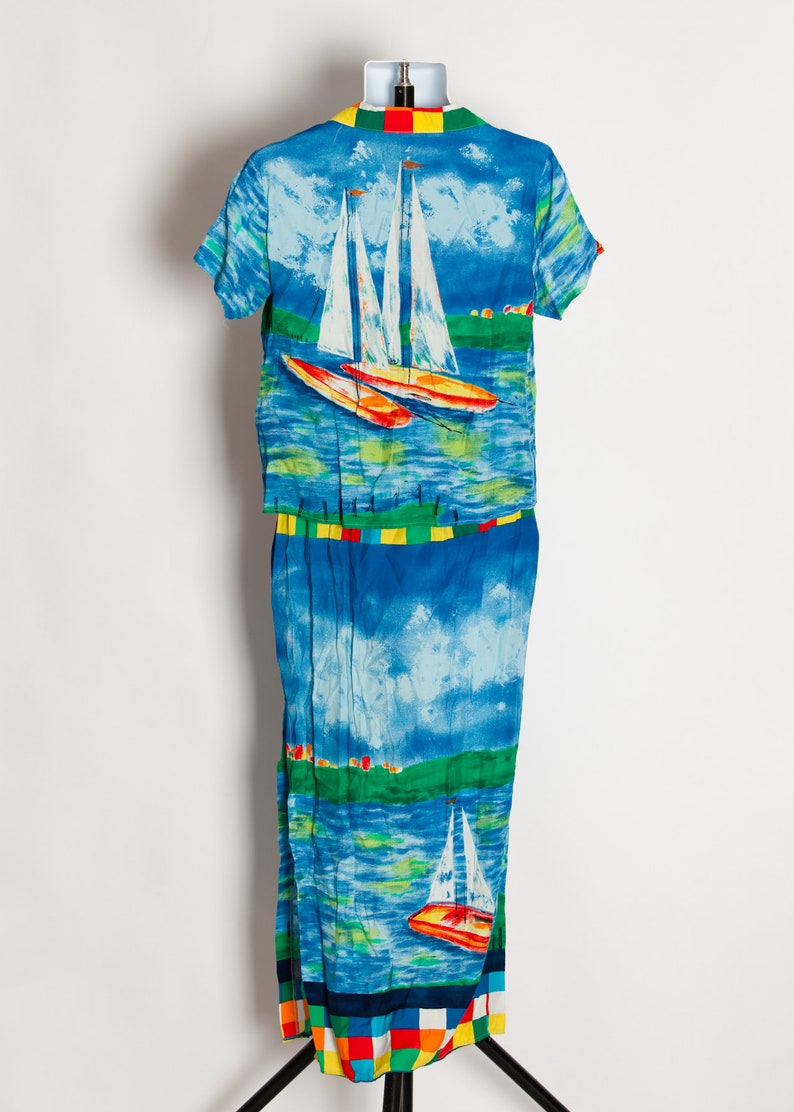 Vintage 80s 90s Ocean Lighthouse Themed Two Piece Blouse and Skirt BREEZE By Dorothy Shoelen M