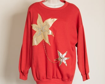 80s 90s women’s sweatshirt red with gold star flower design