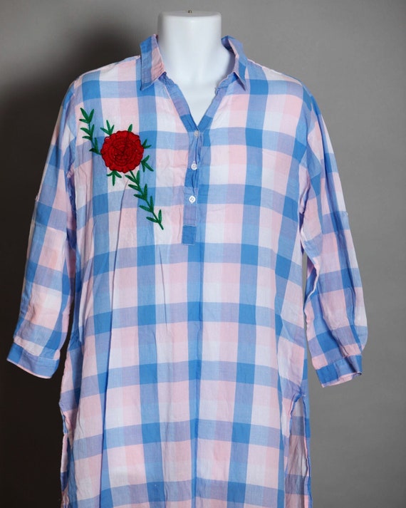 Vintage 70s 80s Long Shirt Nightgown blue pink Pl… - image 2