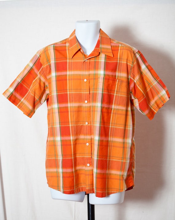 80s 90s Men's Short Sleeve Button Down Orange Plaid Summer | Etsy