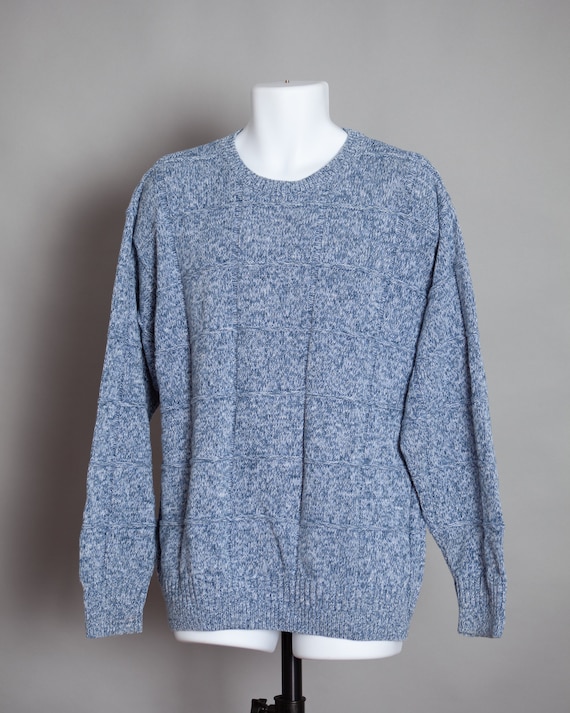 80s 90s Men's Blue Sweater with Texture Round Tree … Gem