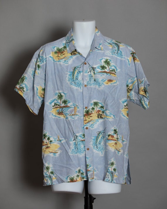 90s Hawaiian Shirt palm trees marlin - RIMA - L