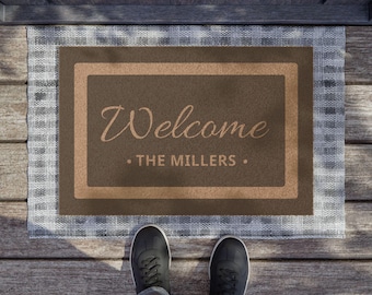 Felpudo personalizado de bienvenida con nombre familiar, decoración de porche, regalo de inauguración de la casa, alfombra de entrada exterior, calidad y envío rápido.