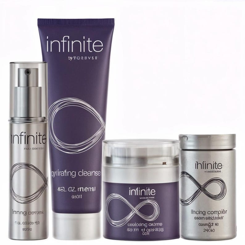 May include: A collection of skincare products with the brand name "infinite" in silver and purple packaging. The set includes a serum, cleanser, cooling creme, and a finishing complex. Each product features a stylized infinity symbol.