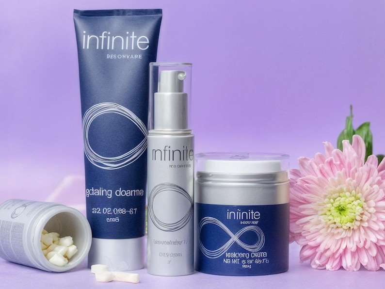 May include: A collection of skincare products, including a tube, a pump bottle, and a jar, all with the "infinite" logo. The products are in shades of blue and silver, with a white infinity symbol design. A container of pills and a pink flower are also present.