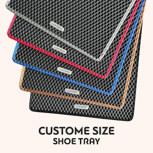 May include: A stack of custom-sized shoe trays with black diamond-patterned surfaces and coloured edges in silver, red, blue, and gold. Each tray has a white "LUXTRIM" label. The text "CUSTOM SIZE SHOE TRAY" is at the bottom.