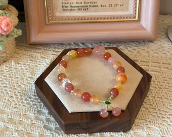 Natural Agate Beaded Bracelet with Cherry or Peach Charm, Handmade Gemstone Bracelet, Soft Pastel Crystal Jewelry, Gift for Her