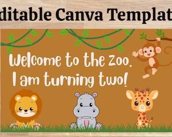 Banner de cumpleaños del zoológico: Bienvenido al zoológico, cumplo dos años (plantilla de Canva, descarga instantánea)