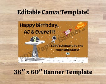 Plantilla editable de banner espacial / Canva / Decoración para fiestas espaciales / Descarga instantánea