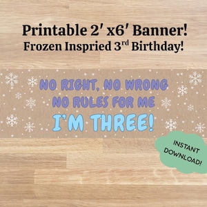 Puede incluir: Una pancarta imprimible de 0,6 m x 1,8 m para un tercer cumplea&ntilde;os con fondo marr&oacute;n y copos de nieve blancos. El texto dice: "NO RIGHT, NO WRONG NO RULES FOR ME I'M THREE!" en letras moradas y azules. Una nube verde dice "INSTANT DOWNLOAD!"