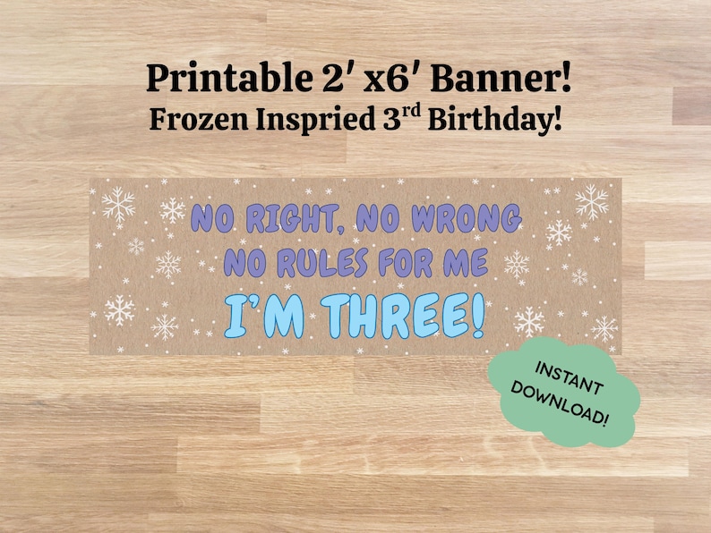 Puede incluir: Una pancarta imprimible de 0,6 m x 1,8 m para un tercer cumplea&ntilde;os con fondo marr&oacute;n y copos de nieve blancos. El texto dice: "NO RIGHT, NO WRONG NO RULES FOR ME I'M THREE!" en letras moradas y azules. Una nube verde dice "INSTANT DOWNLOAD!"