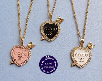 Upcycled Heart and Arrow with Rhinestones Necklace, Gold Tone Stainless Steel Chain (3 colors available)