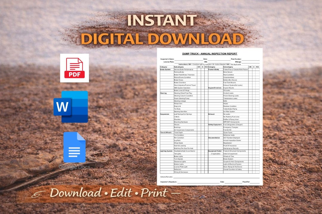 Dump Truck Annual Inspection Checklist | Printable & Fillable Yearly ...