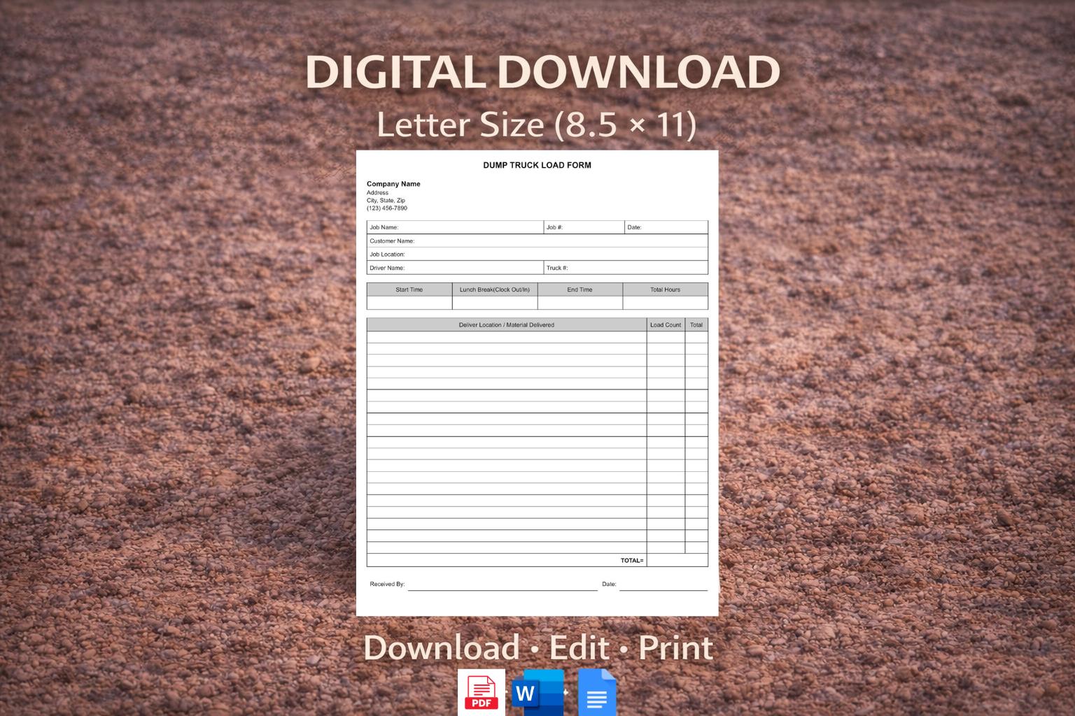 Dump Truck Load Form | Printable & Fillable Load Tracking Sheet - Etsy