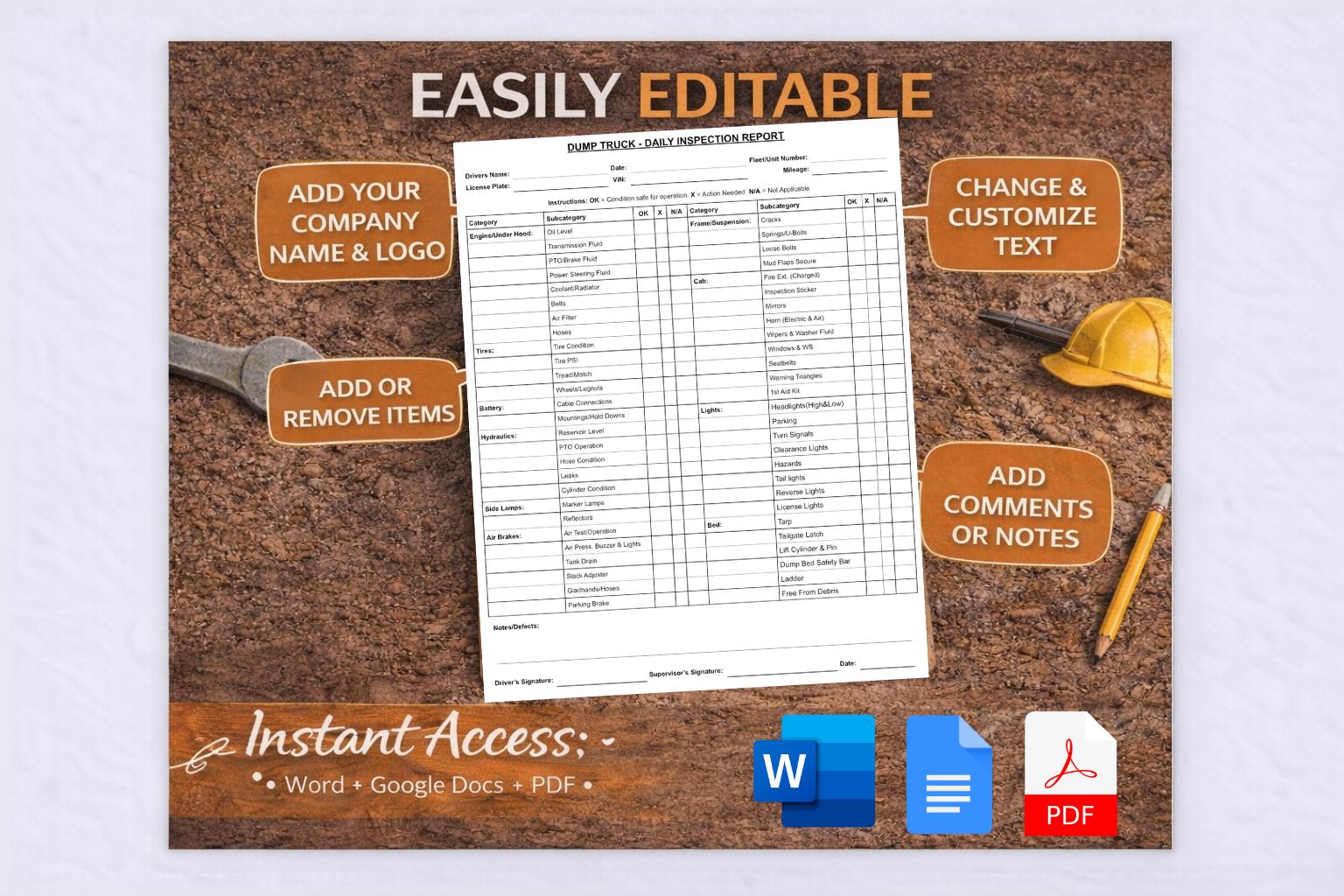 Dump Truck Daily Inspection Checklist | Printable & Fillable Form - Etsy