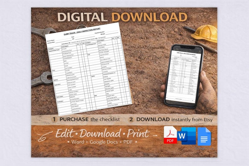 Dump Truck Daily Inspection Checklist | Printable & Fillable Form - Etsy