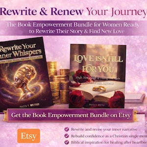 May include: An advertisement for a book bundle titled "Rewrite & Renew Your Journey." The image features two books, "Rewrite Your Inner Whispers" and "Love Is Still For You," with roses and gold coins. The Etsy logo is visible.