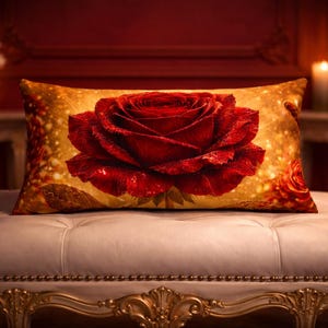 Może przedstawiać: Prostokątna poduszka dekoracyjna z dużym, szczegółowym czerwonym różą na złotym tle. Poduszka leży na białej, pikowanej ławce ze złotymi zdobieniami. Całość emanuje romantyczną i elegancką atmosferą.