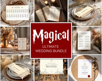May include: A collection of wedding stationery items, including table cards, menus, and a welcome sign. The items are arranged on tables with decorative elements like candles and dried flowers. The central image features the text "Magical Ultimate Wedding Bundle."
