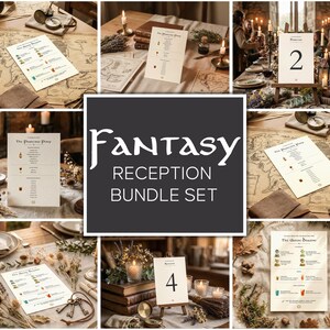 Puede incluir: Un conjunto de artículos de recepción de boda con temática de fantasía. La imagen incluye números de mesa, menús y elementos decorativos como velas, mapas y llaves. El texto dice "Fantasy Reception Bundle Set."