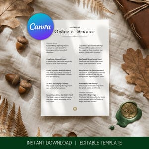May include: A wedding order of service template with the text "Order of Service" and ceremony details. The design includes acorns, leaves, and a green wax seal. The Canva logo is visible.