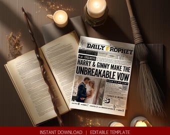 Modello di giornale di nozze Wizard / Menu di nozze in stile Daily Prophet / Canva modificabile e stampabile