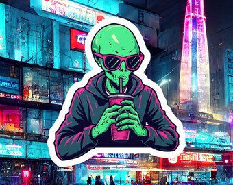 Unhinged Alien Sticker | Chill Alien Vinyl Sticker | Neon Sci-Fi Decal | Water Bottle & Laptop Decal