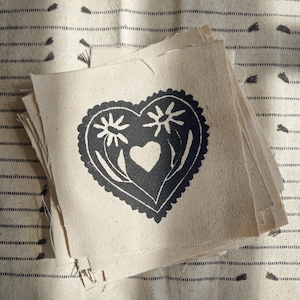 Folk-art Heart patch | Hand-printed Linocut | Cottagecore Textile art | Sew On Patch | Gifts for her