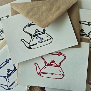 Teapot Handmade Card | Hand-printed Greeting Card | Cottagecore Art | Blockprint | Linoprint Postcard