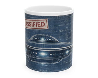 Alien Ship Blueprint Mug | UFO Classified Design | Sci-Fi Coffee Mug | 11 oz