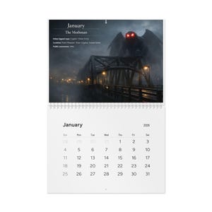 May include: A white spiral-bound calendar open at January 2026. The top image shows a bridge scene with a large, ominous creature and the text "The Mothman." The calendar displays the days of the month.