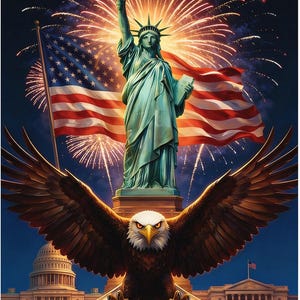 May include: Illustration of the Statue of Liberty with a waving American flag and fireworks in the background. A bald eagle with outstretched wings is in the foreground, with the Capitol building and other structures visible.