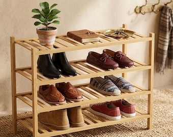 3 Tier Bamboo Shoe Rack, Stackable Entryway Organizer, Small Space Storage, Natural Wood Shelf