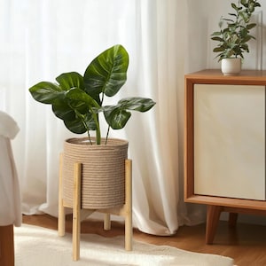May include: A decorative plant in a woven beige planter with a wooden stand. The plant has large, green leaves. The planter is cylindrical and sits on a light brown, four-legged stand. The background includes a white curtain and a wooden cabinet.