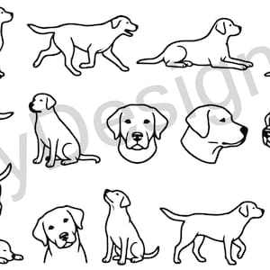 May include: A collection of black and white line art illustrations of Labrador Retrievers in various poses. The images include full body views of dogs standing, sitting, running, and lying down, as well as head profiles.