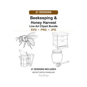 以下が含まれることがあります： 21 DESIGNS Beekeeping & Honey Harvest Line Art Clipart Bundle SVG PNG JPGというタイトルのデジタルクリップアートバンドル。ミツバチ、巣箱、養蜂用燻煙器、ハチミツ瓶、ハニーディッパーの白黒線画が含まれています。