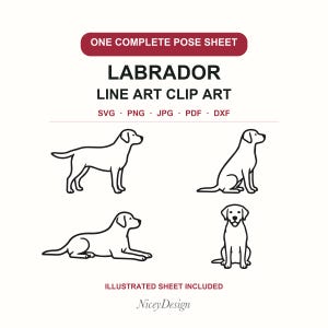 Clipartblad met lijntekeningen van een labrador (SVG, PNG, JPG)