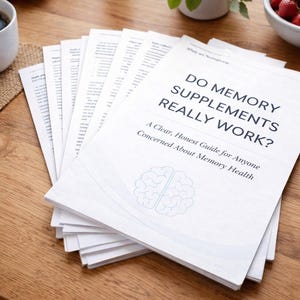 Op de afbeelding: Een stapel witte papieren met de titel "DO MEMORY SUPPLEMENTS REALLY WORK?" ligt op een houten tafel. Een kopje koffie, een pen en een kom aardbeien zijn ook aanwezig. De papieren zijn een gids voor de gezondheid van het geheugen.