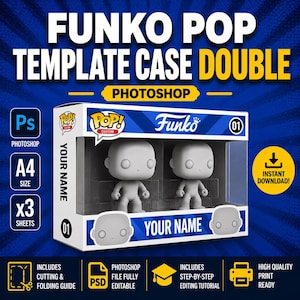 May include: A digital template for a double Funko Pop display box in Photoshop format. The design features a white box with blue accents, two blank gray figure placeholders, and text including FUNKO POP TEMPLATE CASE DOUBLE, YOUR NAME, and A4.