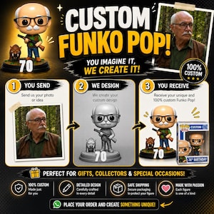 Könnte beinhalten: Eine individuelle Funko Pop-Figur einer älteren Person mit Brille, Schnurrbart und Gewehr, begleitet von einer kleinen Wildschweinfigur. Das Bild zeigt einen dreistufigen Prozess zur Bestellung individueller Figuren mit Text und einem Foto.