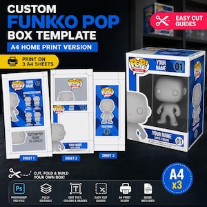 May include: A custom Funko Pop box template with the text "Custom Funko Pop Box Template" in white on a dark blue background. The template includes a box and three sheets with instructions. The text "Print on 3 A4 sheets" is also visible.